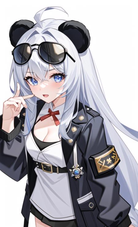 solo, (((masterpiece, best quality))) ,  (from above), <lora:Dousha1:0.9>, shadow_lee, Li Dousha, bangs, blue_eyes, eyewear_on_head, hair_between_eyes, long_hair, jacket, sunglasses,  [cleavage, small breasts, white hair, panda ears,streaked hair, blue hair, goggles, indoors, braid], 1girl,