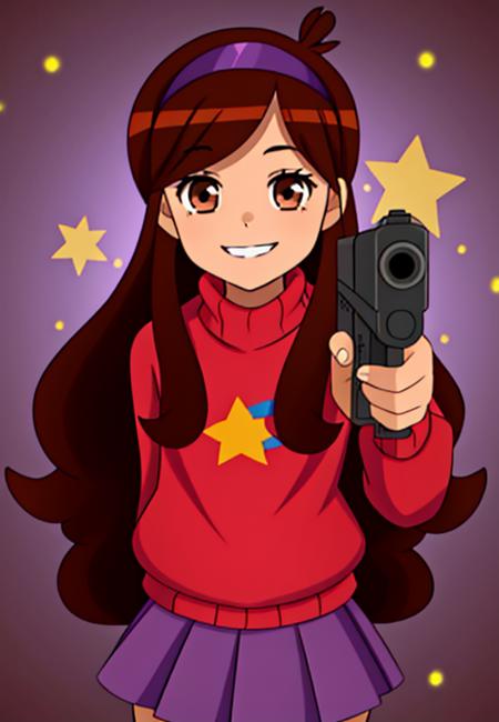 Mabel Pines brown eyes headband, red sweater, shooting star on sweater, purple skirt