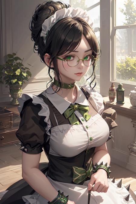 highres, sharp focus, pixiv masterpiece, ((intricate details)), highly detailed, yuri alpha, 1girl, black hair, (green wristband, green gauntlets, spikes,:1.1) glasses, green eyes, maid, single hair bun, dress, choker, bowtie, maid apron, <lora:Yuri Alpha v1_1:0.7>