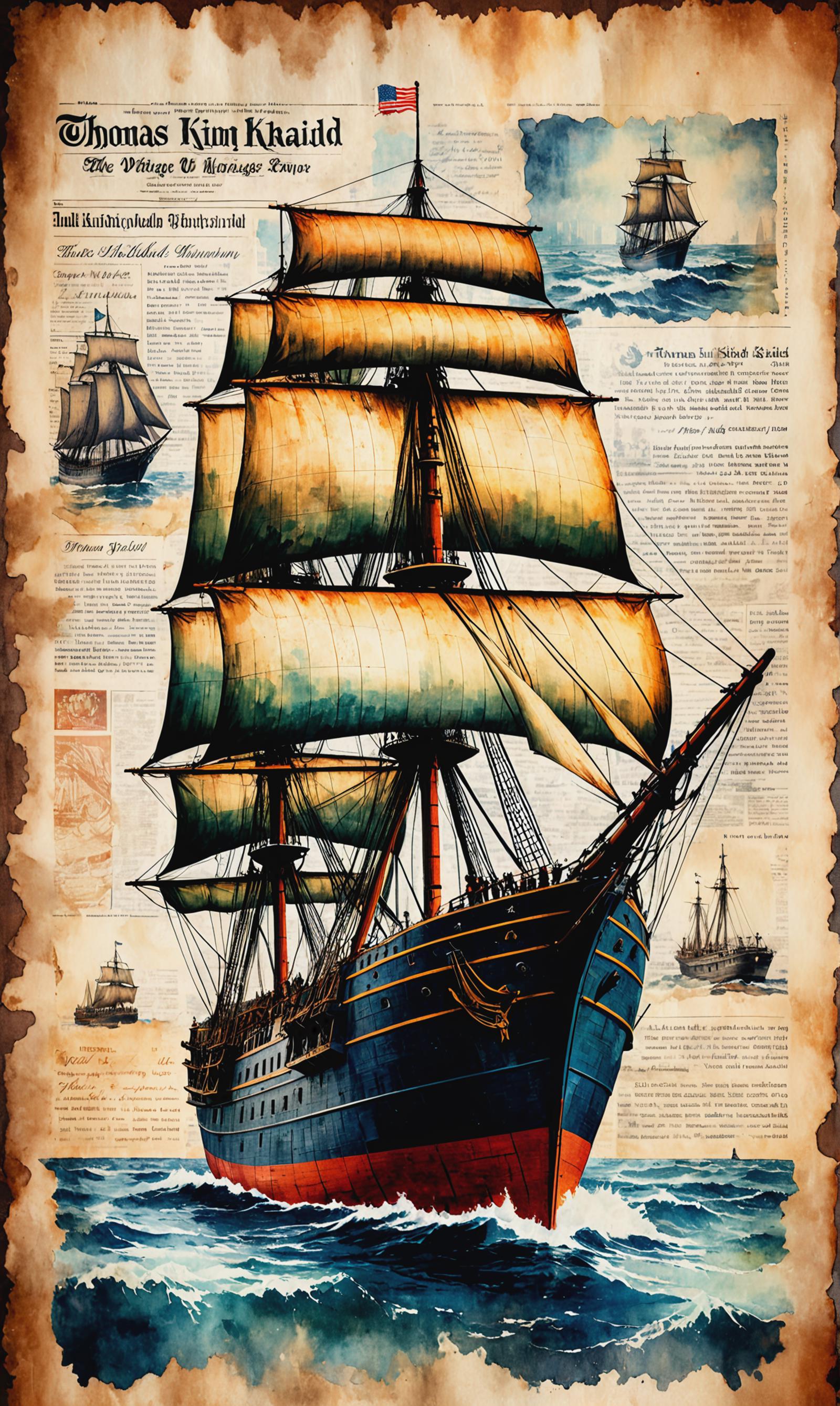 A colorful illustration of a sailing ship with people on board.