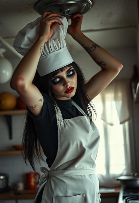 Goth zombie girl, tall, bending, hitting the ceiling, chef on the kitchen , very earie and calm expression, close eyes,  tar coming out of the eyes, apron and tall chef's hat, retro horror style, UHD, head tilt, creepily watching into your soul