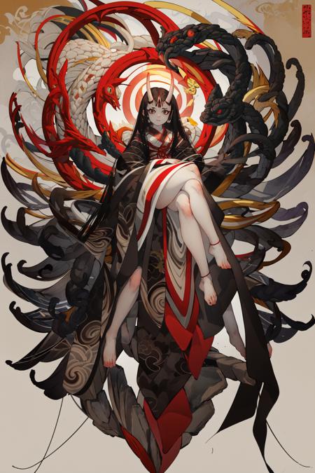 -ghost nocturnal, 1girl, kimono, solo, japanese clothes, long hair, red eyes, black hair, horns, crossed legs, looking at viewer, sitting, barefoot, wide sleeves, bangs, long sleeves, very long hair, snake, full body, oni horns<lora:ghost nocturnal-000018:1>