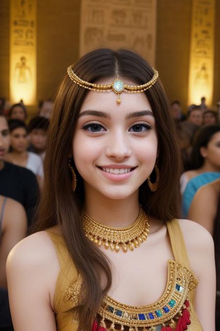 photograph of two cute girls standing in an Egyptian pyramid, surround by Hieroglyphs, wearing Egyptian outfits, (pale skin:1.4), , standing, Cleopatra look alike, innocent, Porta 160 color, shot on ARRI ALEXA 65, bokeh, sharp focus on subject, small breast, small chest, blonde,  raw photo, sensual, happy, bottomless,
film grain, medium shot, , happy, blue eyes, facial expression, two females , Egyptian-Style Jewelry, amulets and charms, Egyptian-Style Makeup, Extend the eyeliner past the outer corner of your eye lid by about 1 D2 inch, waist up shot, medium shot, tourists in photo background, egyptian scarf, audience, audience in photo, belly dancing, shy, radiant, full body shot, pharao