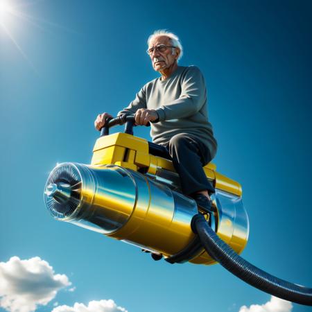 vacuum_cleaner flying blue_sky cloud day outdoors realistic sitting science fiction