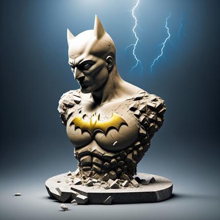 mdjrny-shttr, broken statue of batman made of (marble:1.1) with golden inlays with (blue lightnings:1.3) on background, floating stones from statue, hyper-realism, best quality <lora:broken rocks:0.6>, hyper-realism, best quality