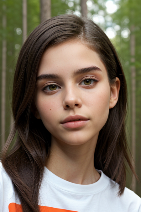 KristinaMeshalkova, portrait photo, (detailed eyes:1.1), (long wavy hair) BREAK, wearing a (1980s white t-shirt with orange stripes:1.1), posing for a picture BREAK with a stranger things background, moody light, (masterpiece), ((forest)), (detailed face:1.2)