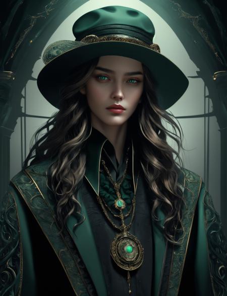 : ((best quality)), ((masterpiece)), ((realistic,digital art)), (hyper detailed),DonMD34thM4g1c4tt1r3 Spellcaster,Wavy hair, Wearing a Hat, Wearing a hat with a seductive look, adding a touch of mystery and allure  <lora:DonMD34thM4g1c4tt1r3_v2-000009:0.85>