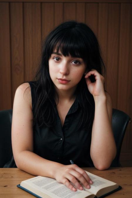Dark Academia aesthetic, one pretty European girl, solo, black ringlet curls, blunt bangs, prefect face, goth makeup, small, black shirt, looking at viewer, studying, a more refined home office with rich wood paneling, leather-bound books, dark academia, soft lighting, film grain, epiCPhoto, <lora:pytorch_lora_weights:0.5>, <lora:breastsizeslideroffset:0.2>, <lora:picxer_real:0.7>, <lora:InstantPhotoX3:0.3>, <lora:more_details:0.6>