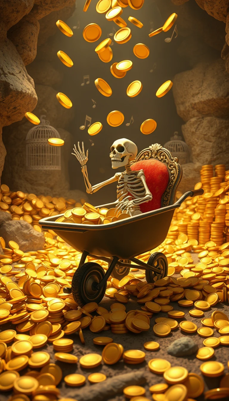 Gold Coins being thrown at each other in a gold mine.. excitement, wheel barrow filled with coins overflowing.. Gold coins everywhere, in piles on the ground, but a real skeleton in a gold chair.
pixar 3d style type of animation, the gold mine Men throwing the coins back at each other, while the canary in the birdcage is still singing with music notes floating around.