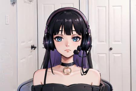 (masterpiece, best quality:1.2), sadlinus, solo, 1girl, pa-san, chair, blunt bangs, headset, black dress, clothing cutout, shoulder cutout, choker, indoors <lora:bocchi_pa-san-11:1> <lora:concept_sadlinus-17:1>