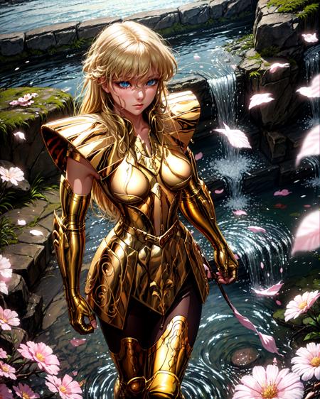 masterpiece, best quality, highres, solo, 1girl, blue eyes, detailed background,waterfall,armor, <lora:more_details:0.7>,outdoor ,(medium breasts:1.5) ,<lora:virgo:0.8>,golden armor,blonde hair,own hands together,petals