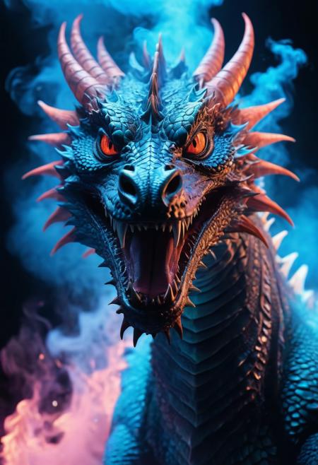 very very extreme absurd fantastic dragon, surrounded by smoke, extreme closeup with fisheye, dynamic camera angle, dramatic blue light, neon effect, vibrant colors, fashion shoot, highly detailed