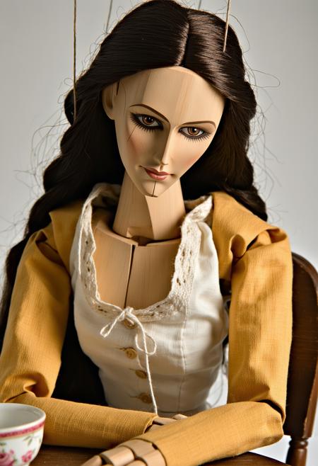 A weathered oak marionette, joints cracked with age, slumps inert at a splintered table, backlit by a dusty amber shaft piercing attic gloom. 
Caravaggio-inspired chiaroscuro carves its hollow face: knotted grain, chipped paint eyelids. Monochrome mahogany tones clash with spectral cobalt shadows cast by tangled threads. miniature porcelain teacup, rests near wooden fingers.
Mood: haunting, arrested agency.