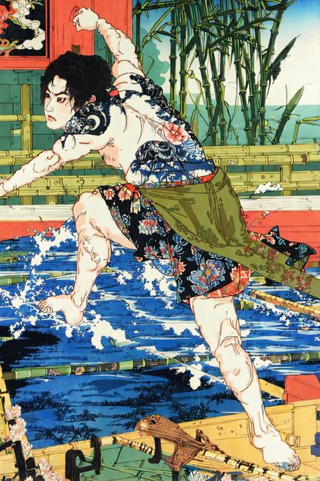 extreme detail description,Utagawa Kuniyoshi,(1boy:1.3),(emotional body movements:1.3),
<lora:UK_20230624200348:0.78>,
negative space, shuimobysim, water splash, (trees:0.5), (flowers:0.6) ,(birds:0.2), (bamboo0.1), bonian, bonian in background ,shukezouma, ,HDR,UHD,8K, best quality,