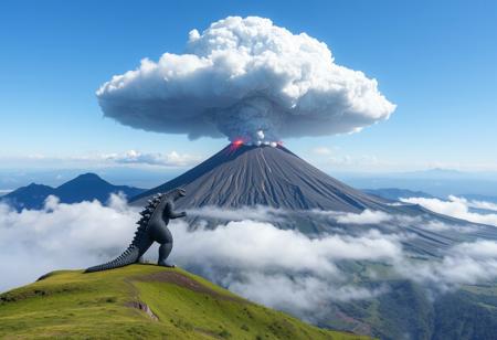 3d,,photorial,photo,grey volcanic eruption cloud, 
Mt. Aso, Kusasenri, green grassland,landscape,summer,blue sky,The volcano is erupting,Outer mountain, (smoke:1.4),,A giant godzilla standing on the mountain