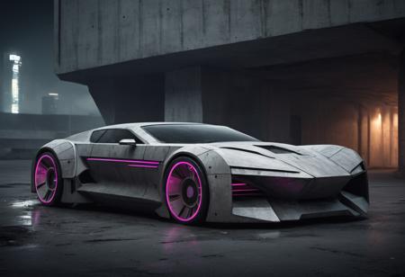 Create an evocative image of a cyberpunk car that embodies brutalist design. This imposing vehicle is constructed from raw,  concrete-like materials,  radiating an industrial authority. Its brutal exterior is starkly illuminated by fluorescent tubes,  casting an unrelenting radiance in the urban darkness. With sharp,  unapologetic lines,  the car exudes an aura of relentless strength,  and its discreet,  small windows conceal its occupants within a fortress of isolation. The massive,  unadorned wheels roll forward with undeniable force,  symbolizing a future where technology converges with unwavering defiance.