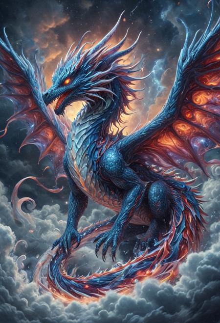 celestial marble dragon , Made of CosmicStyle, flying through liquid sky, clouds melting into ribbons of color, fluid scales shimmering with white blue and red hues, glowing eyes, dynamic wings of flowing liquid, painterly lighting, vast fantasy environment, surreal atmosphere, highly detailed, magical realism, CosmicStyle