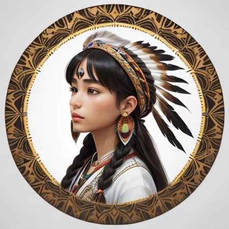 Intricate vector illustration design of a majestic native american girl for t-shirt,  3-6-9 pattern. Elegant,  sophisticated,  ornate details,  muted color scheme,  subtle gradients. Art and mathematics fusion,  hyper detailed,  trending at artstation,  sharp focus,  studio photography,  intricate detail,  highly detailed,  centered,  perfect symmetrical,  bright color,  solid white background,  made with adobe illustrator,  in the style of Studio Gibli,  3d style,  nature,  , Leonardo Style, 3d style,