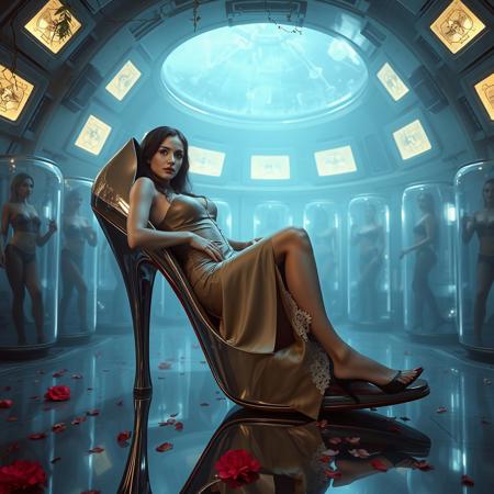 tall slender elegant slavic femme fatal  lays in giant high heel foil shoe ,  under dimension portal to another galaxy , dressed in sexy glossy satin side slit 1920s nightgown ,  pefect legs in lace trim stockings and d'orsay high heels, small feets, alien spaceship chamber, surrounded by beauty models encased in  hi-tech stasis tubes at background,  fog, mirrors, hi-tech, sci-fi, scifi, mind control, steel, foil, hypno, romance,  lipstick, long hair, heavy makeup,  red nails, long hair, green eyes, sharp cheekbones, ultra thin waist , seductive, feminine, mysterious, alluring, vines, poison red flowers