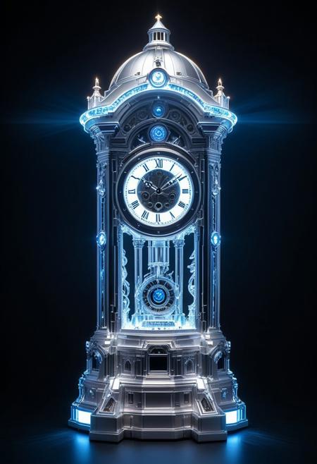 SilverPulse, silver sculpture of clock tower, powerful energy beam shooting from chest,  opulent study, layering outline with zirconia light, intricate, hyper-detailed, professional photoshoot, ultra-sharp, vivid colors, dark lighting, 50mm lens,