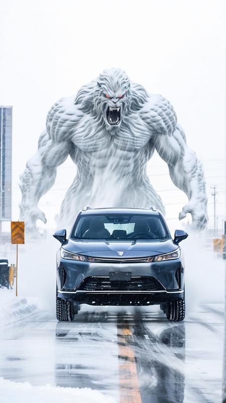D5X,A solitary car battles through a relentless snowstorm,its headlights barely cutting through the swirling snow. Behind it,the snowstorm takes on a terrifying shapeâa gigantic,ghostly creature made entirely of wind and snow,with a wide-open mouth as if itâs trying to consume everything in its path. The creatureâs form is defined by the swirling snow,with icy,glowing eyes piercing through the storm. The scene is filled with a sense of urgency and danger,as the car struggles to escape the grasp of this monstrous,snowstorm-formed entity. The environment is harsh and cold,with snow-covered roads and blizzard conditions creating an intense,cinematic atmosphere,<lora:D5X_XL_v1:1>,