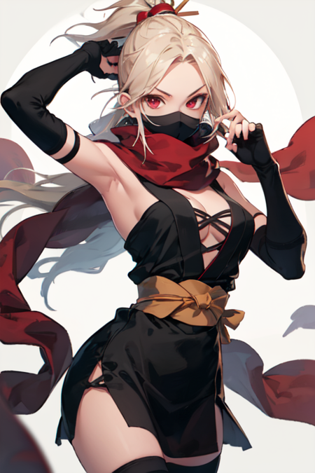KatonshuuFuuma, 1girl, solo, long hair, hair ornament, red eyes, thighhighs, elbow gloves, cleavage, medium breasts, ponytail, japanese clothes, fingerless gloves, red scarf, sash, mouth mask, ninja, 
