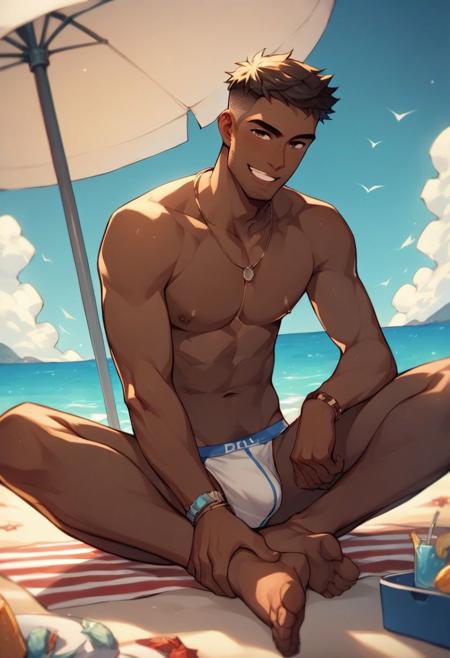 score_9, score_8_up, score_7_up, score_6_up, source_cartoon, attractive Afroamerican 45yo man, (very dark black skin), very short haircut, facial hair, dark eyes, stubble, in white speedo on beach, seductive smile, posing