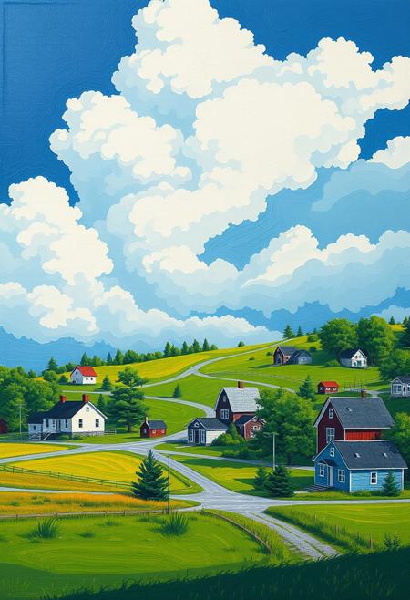 a simple uncluttered stylish cozy small-town village. It should be scenic and picturesque. Include elements such as a quaint little village, green farmland, deep blue cloudy sky, vibrant, cute, stormy, surreal, flat, acrylic, concept art, oil painting, watercolor