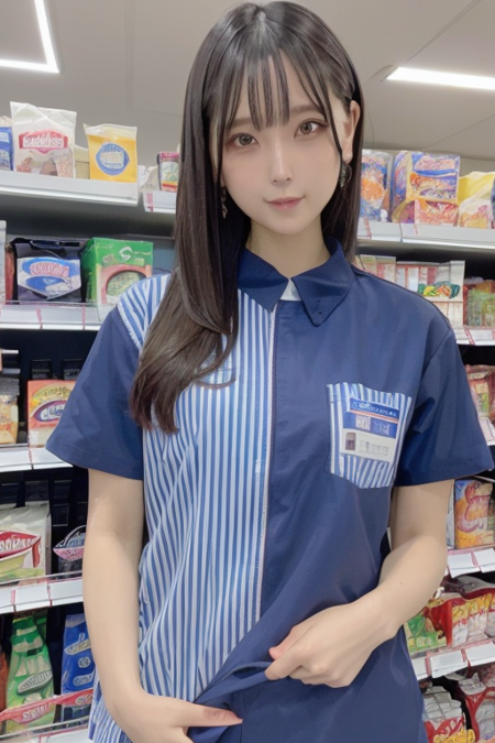 1girl wearing lawson uniform, in a blue and white uniform, in a convenience store,(RAW photo, best quality), (realistic, photo-realistic:1.4), masterpiece, an extremely delicate and beautiful, extremely detailed, 2k wallpaper, Amazing, finely detail, extremely detailed CG unity 8k wallpaper, ultra-detailed, highres, soft light, beautiful detailed girl, extremely detailed eyes and face, beautiful detailed nose, beautiful detailed eyes,perfect anatomy,soft light,slender body,standing,