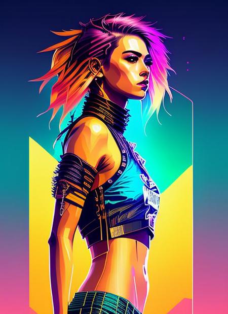 swpunk style synthwaveaward winning half body portrait of a woman in a croptop and cargo pants with ombre navy blue teal hairstyle with head in motion and hair flying, paint splashes, splatter, outrun, vaporware, shaded flat illustration, digital art, trending on artstation, highly detailed, fine detail, intricate