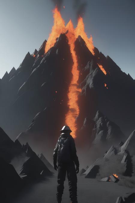 <lora:Parralel Dimensions:1>Parralel Dimensions - a person standing in front of a mountain with a lot of fire