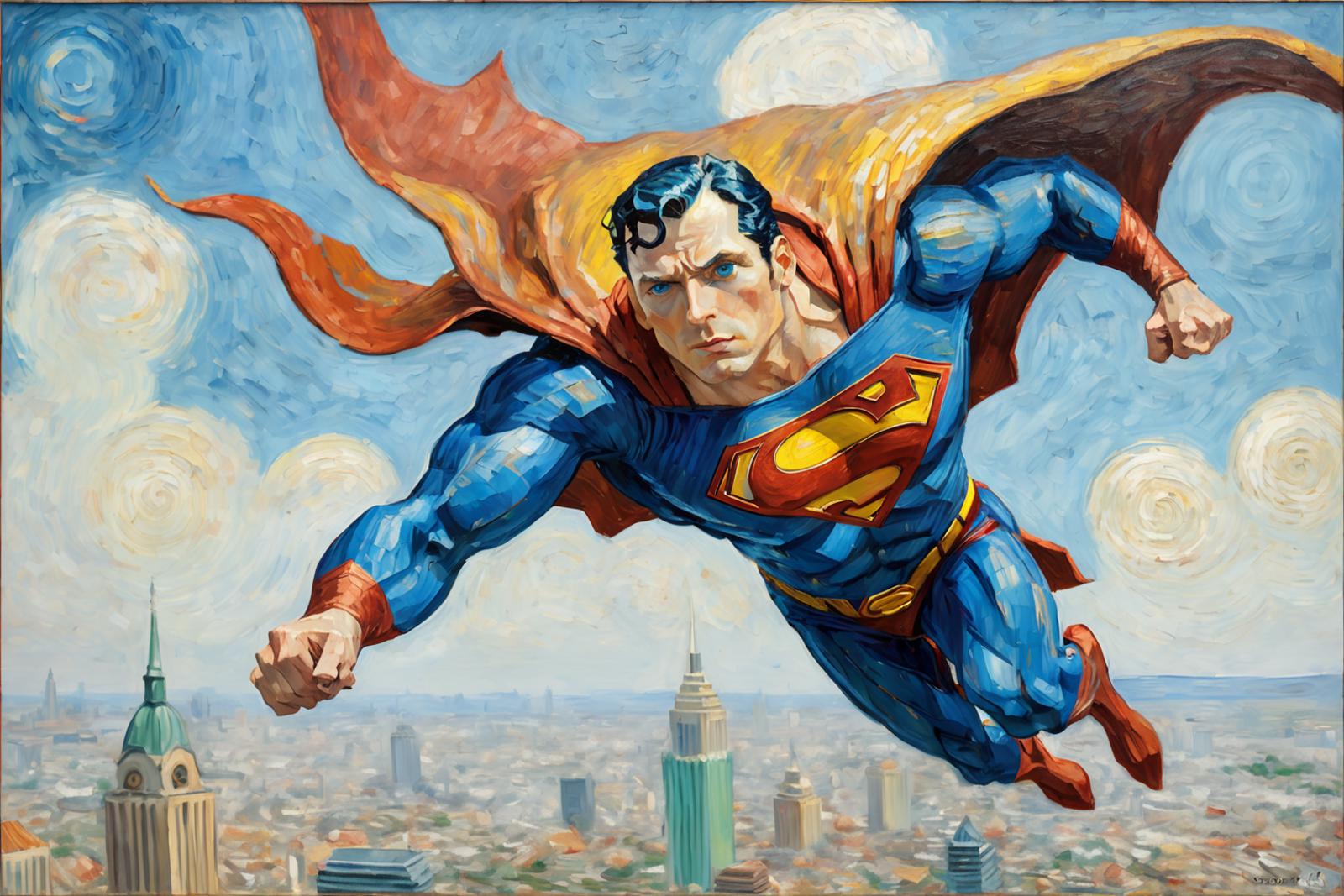 A Superman painting with the city skyline in the background.