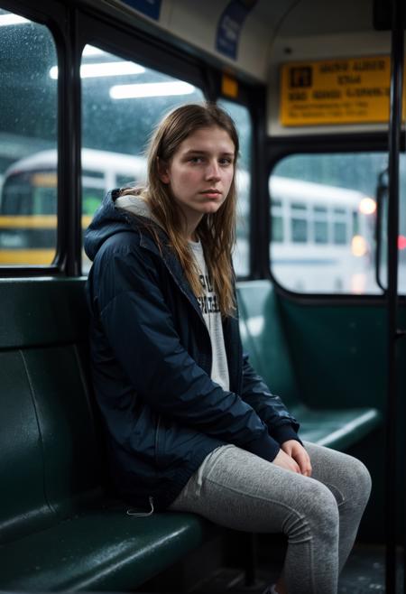 (frontal centered,focused,immersive,full-body-portrait of an ordinary pale brat relaxing on a seat. A sports-bag on the seat.bus-ride on a rainy night.The girl is sighing:1.5). (wet from the rain, annoyed. candid,unstaged,girl next door. open legs,one leg raised.18 years old big-city-girl:1.3). wearing wet worn-out clothes and cotton leggings, badly lit dark scene, wet and fogged bus windows,humid air,(rainy,dreary,gritty, detailed clothes,highly detailed,bokeh,film grain:1.4), <lora:add-detail-xl:1.5> <lora:NaturalBodyXL-V1.1:0.4> <lora:xl_real_beta1:0.4>