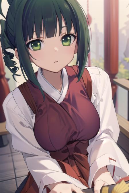 harutakimi, <lora:harutakimitest:1>, haru takimi, bangs, (green eyes:1.5), ponytail, green hair, blunt bangs, (medium breast:1.2)
BREAK skirt, japanese clothes, hakama, hakama skirt, miko, red hakama,
BREAK looking at viewer,
BREAK outdoors, shrine,
BREAK <lora:GoodHands-vanilla:1>, (masterpiece:1.2), best quality, high resolution, unity 8k wallpaper, (illustration:0.8), (beautiful detailed eyes:1.6), extremely detailed face, perfect lighting, extremely detailed CG, (perfect hands, perfect anatomy),