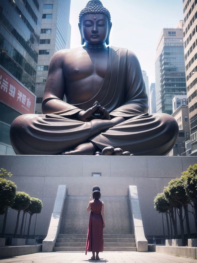 (giant tall buddha statue front meditating far away:1.5, <lora:zyd232_BuddhaStatue_v1.1:0.6>), (cyberpunk city background:...