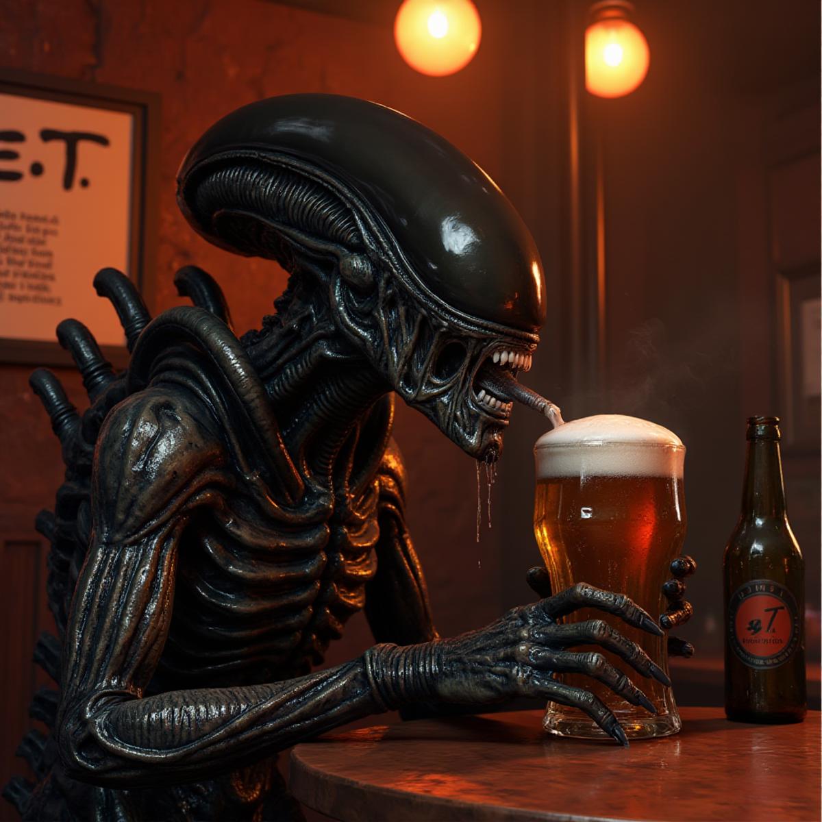 an alien xenomorph having a beer in a pub. his face is dripping wet. E.T poster in the background  <lora:Xenomorph:0.8>