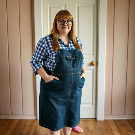 cottage-core style setting full body shot of a chubby adult woman with long straight bangs, glasses, a blue gingham button down shirt and a dark denim overall dress, and pink flip flops