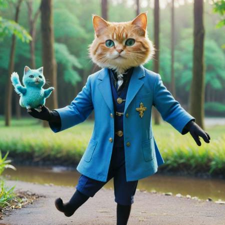 anime key visual, dense lake and trees, stylized, medium close-up shot of a flyweight Priest (cat pretending to be a human:1.3) , he is riding a Hummingbird, he has a very light smile, dressed in Distinctive Blue Cobalt Blue and Chartreuse standing upright and wearing human clothing from the 2020's, his hair is Russian and styled as Short and messy, he has a Familiar Punks Turquoise Patches, Giant Soul Patch, at Dawn, tilt shift, (by Jean Renoir:1.3) , (Darren Aronofsky:0.8) , (Hirokazu Kore-Eda:0.9) , Masterpiece, Romantic, Yume Kawaii, key light, Low shutter, Technicolor, Amber dust particles, Beige mist, charming Emerald Green eyes, pale skin, artstation, Highres