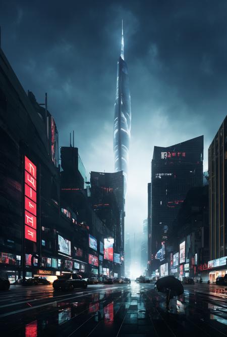 ((masterpiece, best quality)),human perspective, 8k, modern architecture style, photo realistic, hyper detailed photo, clean sky, ruined city, cyberpunk,night,rain,