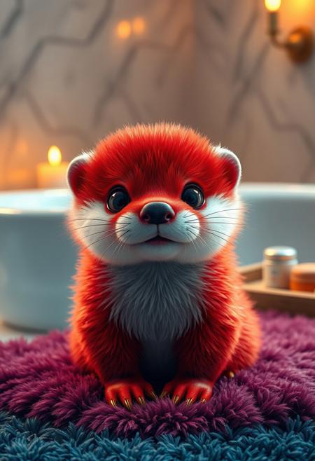 A photorealistic baby otter with adorably fluffy, vibrant ruby-red fur, giving it an irresistibly soft and plush appearance. Its round, oversized eyes shimmer with innocence and curiosity, reflecting light with a gentle glow. The otter’s tiny button-like nose sits perfectly above its petite, scarlet-hued muzzle, while delicate crimson whiskers extend outward, adding to its charming expression. Its small, rounded ears perk slightly, enhancing its youthful and endearing look. The otter’s small mouth is slightly open, as if letting out a tiny squeak of wonder, while its chubby cherry-red paws rest softly on a plush, deep teal-blue bathroom rug. The background transforms into a luxurious indoor bathtub setting, where warm candlelight, sleek marble tiles, and a small wooden tray holding bath essentials create a relaxing and spa-like atmosphere. Soft, diffused lighting enhances the fluffiness of its fur, making the scene feel both surreal and incredibly lifelike, with a cinematic shallow depth of field that draws full attention to the otter’s irresistibly cute and heart-melting expression.