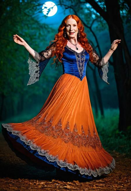 A captivating, cinematic night time photo of elegant beautiful goth vampire woman slowly dancing, slight smile, arms out, smiling, age 50 with long curly orange hair and freckles, full body view. She is dressed in an exquisite, orange and royal blue Victorian dress adorned with intricate lace and silver thread patterns. Her long orange hair flows elegantly, and her eyes are a striking shade of green. Matching slippers enhances her look. A large black arabian horse watches from behind. The background is a mystical, moonlit forest glowing lanterns, creating an atmosphere of supernatural enchantment., DarkFantasy, photo, cinematic,