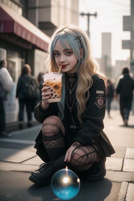 4K,8K. An attractive american gothic punk girl, with black punk fitting clothes, (blonde very long wavy hair:1.05) (wide dreamy light blue eyes,) wide smile, face close up, (holding a bubble tea,) (dynamic sitting pose, on the street)