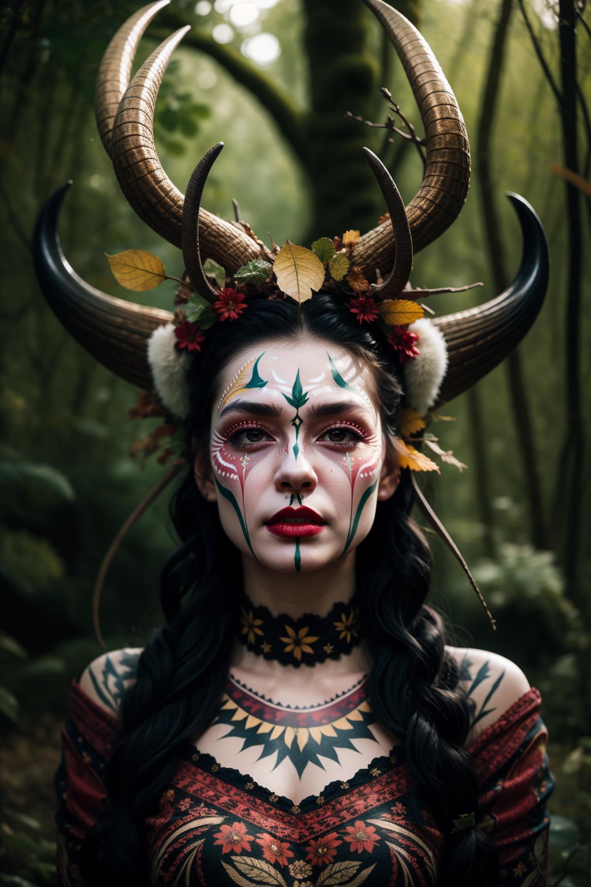 A woman with painted face and body art, wearing a head dress with horns and flowers, standing in a forest.
