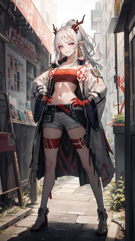long hair, ponytail, multicolored hair, streaked hair, horns, pointy ears, purple eyes, tube top, white shorts, coat, white jacket, red skin, red hands, tail