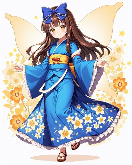 star sapphire, 1girl, floral_print, solo, smile, hair_bow, obi, looking_at_viewer, wide_sleeves, fairy_wings, full_body, blue_kimono, long_sleeves, standing, floral_background, alternate_costume, sidelocks, blush, white_background, flower, furisode, tabi, ribbon
<lora:star_sapphire_image1386_2023-12-20-000012:1>,star-shaped_pupils,symbol-shaped_pupils,. gorgeous,key visual, vibrant, studio anime,award-winning, professional, highly detailed,high budget, cinemascope