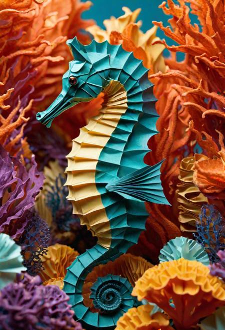An exquisitely detailed portrait of a funny seahorse in laughter, loud laughter with Open mouth, in
a mandelbulb coral reef, meticulously crafted from origami-style folded origami paper. The delicate folds of the paper create a lifelike representation of the complex and mesmerizing mandelbulb shape. The background showcases an array of vibrant colors, reflecting the richness of the underwater world. The 64-megapixel soft focus adds depth and dimension to the delicate, intricate details of the papercraft, making it a truly awe-inspiring work of art.