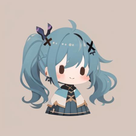 flat avatar, 1girl, solo, smile, hair ornament, chibi, simple background, blue hair, earrings, x hair ornament, jewelry, sidelocks, solid oval eyes, bangs, blush stickers, closed mouth, side ponytail