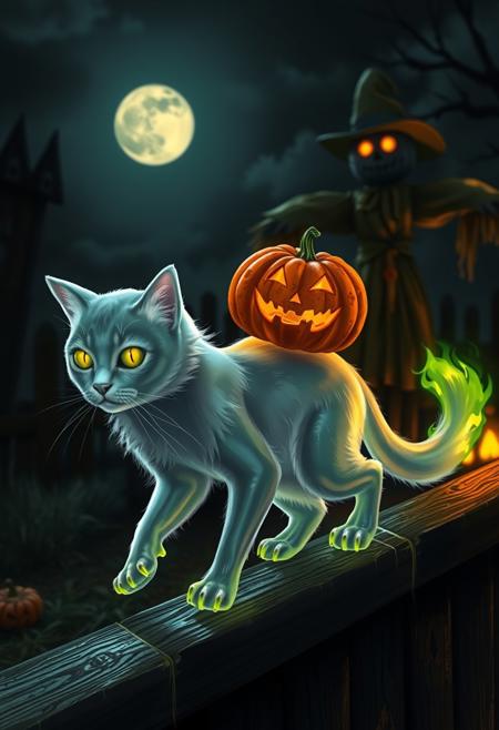 A Halloween-themed scene featuring a transparent ghost cat with a material pumpkin on its head, walking along a fence on ethereal, ghostly paws. The cat's fluffy tail is tipped with green fire. In the background, a scarecrow with glowing, flickering eyes stands ominously in a dark, spooky atmosphere, with a moonlit sky and eerie shadows
