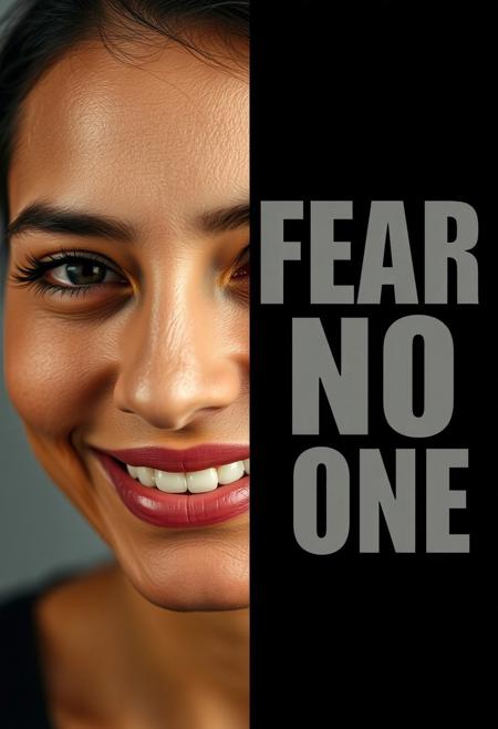 motivational poster with split design, extreme close up portrait of a latina woman in her late 20s looking straight at the viewer smiling with confidence at the camera. The right side is covered with bold text that reads "FEAR
NO
ONE", the text is cut out of a dark semi-transparent background, the letters reveal the other half of the woman's face