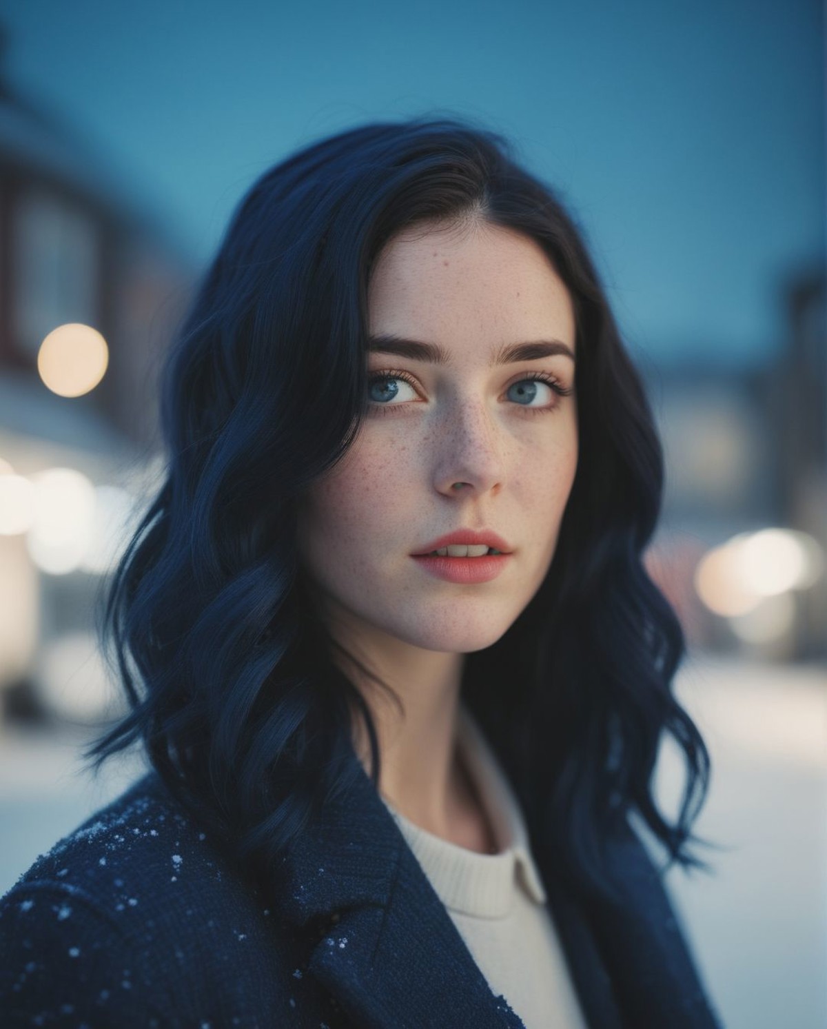 cinematic photo (art by Mathias Goeritz:0.9) , photograph, Lush Girlfriend, Tax collector, Rich dark blue hair, Winter, ti...